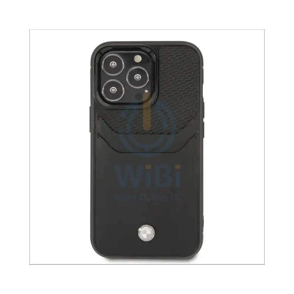 BMW iPhone 14 Pro Signature Collection Genuine Leather Case with Cardslot Embossed Pattern - Black Accessories >