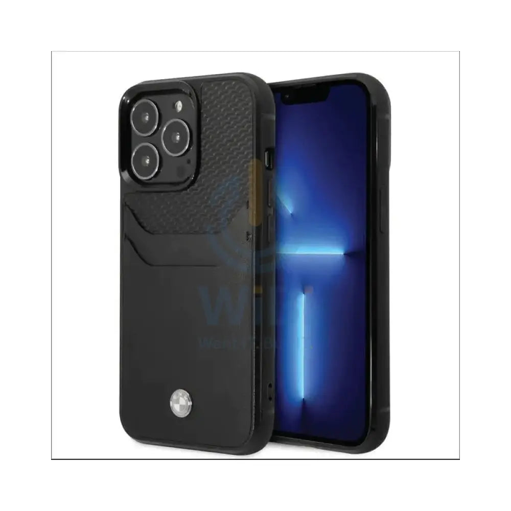 BMW iPhone 14 Pro Signature Collection Genuine Leather Case with Cardslot Embossed Pattern - Black Accessories >
