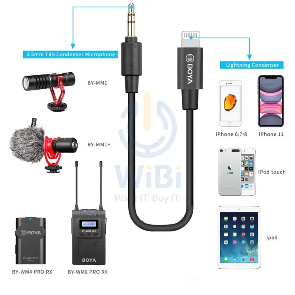 BOYA BY-K1 3.5mm TRS Male Adapter Cable - 3.5mm / Lightning - Black Accessories > Cables & Converters > Cables