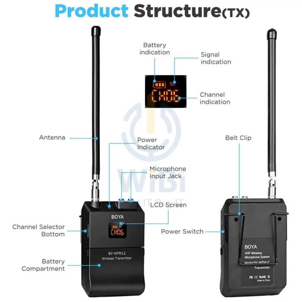 Boya BY-WFM12 VHF Wireless Microphone System - 12 Channel / Wireless - Black Accessories > Audio > Microphone