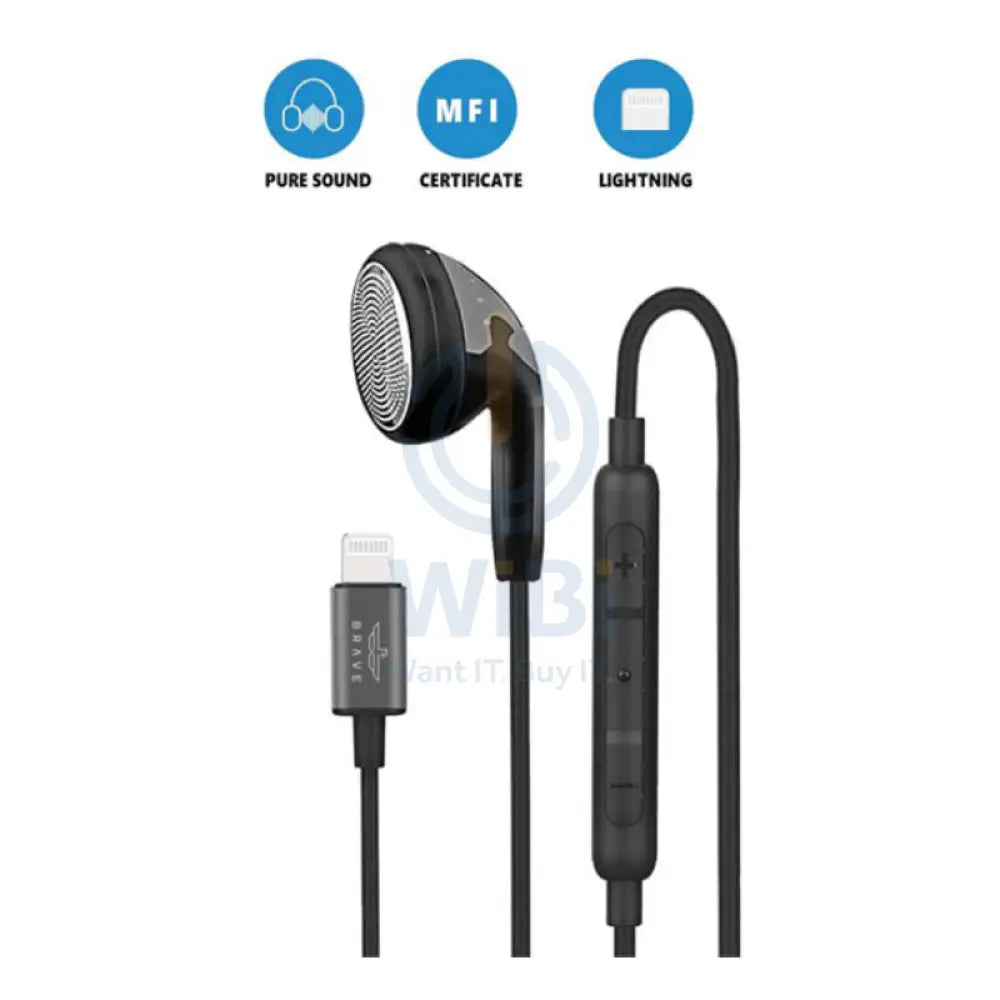 BRAVE Mono Wired Earphone - 1.2 Meter / Lightning / Black Accessories > Audio > Headphones
