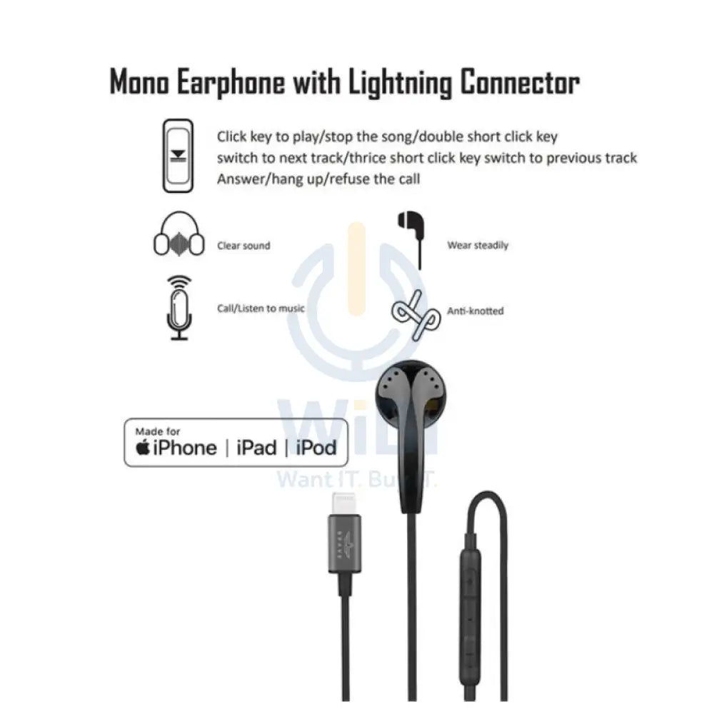 BRAVE Mono Wired Earphone - 1.2 Meter / Lightning / Black Accessories > Audio > Headphones