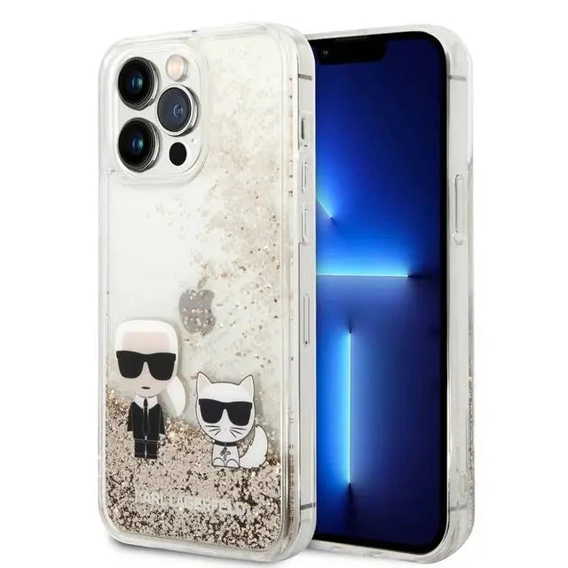 Karl Lagerfeld Liquid Glitter Case and Karl Choupette Head for Apple iPhone 14 Pro - Gold Accessories > Mobiles &