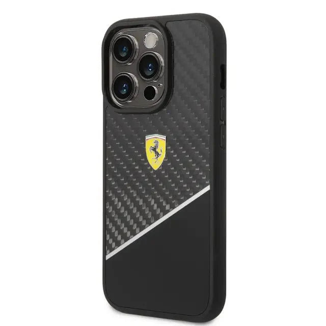 Ferrari iPhone 14 Pro Bimaterial Carbon Case & Polycarbonate & Silver Stripe - Black Accessories > Mobiles & Tablets >
