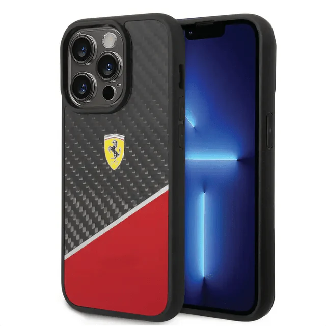 Ferrari iPhone 14 Pro Bimaterial Carbon Case & Polycarbonate & Silver Stripe - Red Accessories > Mobiles & Tablets >
