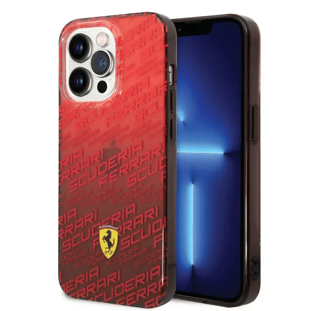 Ferrari iPhone 14 Pro Gradient PC/TPU Case with Allover Scuderia & Dyed Bumper - Red Accessories > Mobiles & Tablets >