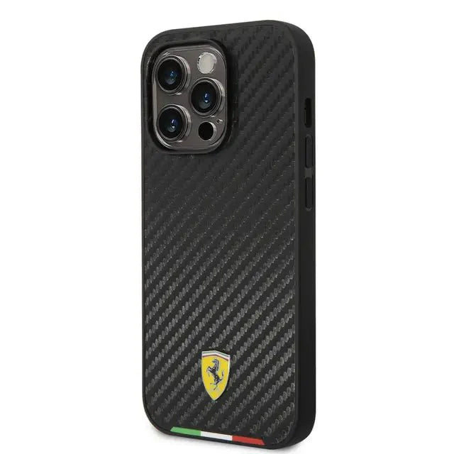 Ferrari iPhone 14 Pro Max HC PU Carbon Effect Case With Italian Flag Line - Black Accessories > Mobiles & Tablets >
