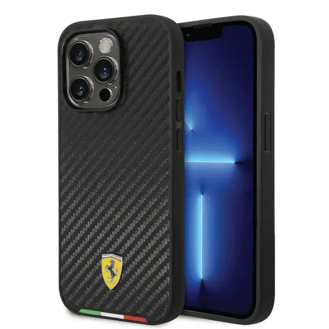 Ferrari iPhone 14 Pro Max HC PU Carbon Effect Case With Italian Flag Line - Black Accessories > Mobiles & Tablets >