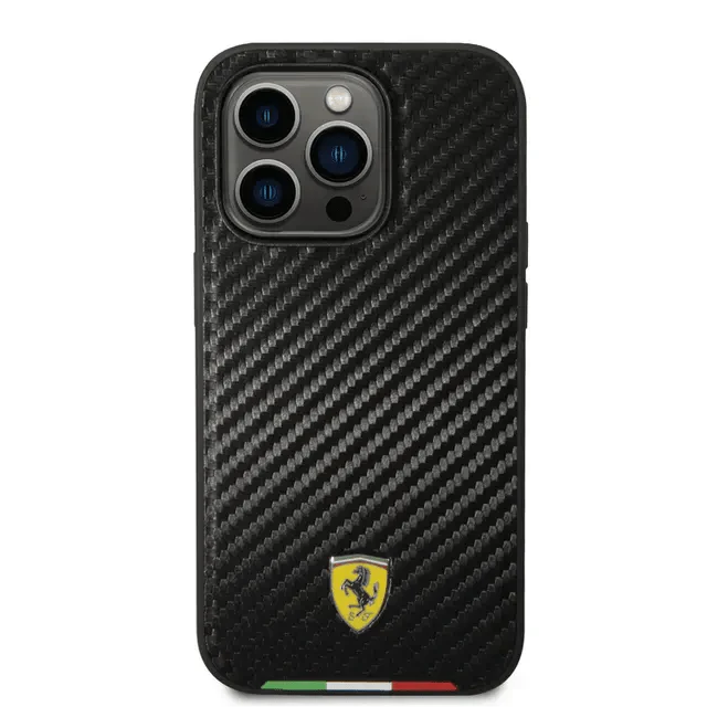 Ferrari iPhone 14 Pro Max HC PU Carbon Effect Case With Italian Flag Line - Black Accessories > Mobiles & Tablets >