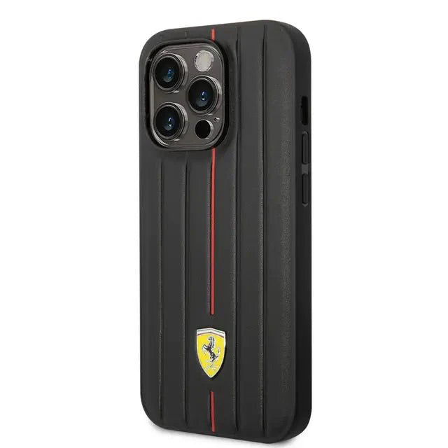 Ferrari iPhone 14 Pro Max Leather Case With Embossed Stripes & Yellow Shield Logo - Black Accessories > Mobiles &