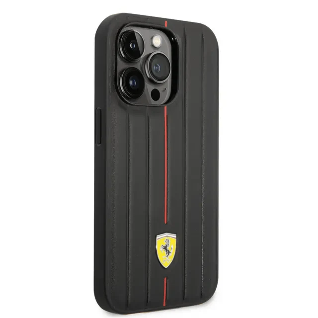 Ferrari iPhone 14 Pro Max Leather Case With Embossed Stripes & Yellow Shield Logo - Black Accessories > Mobiles &