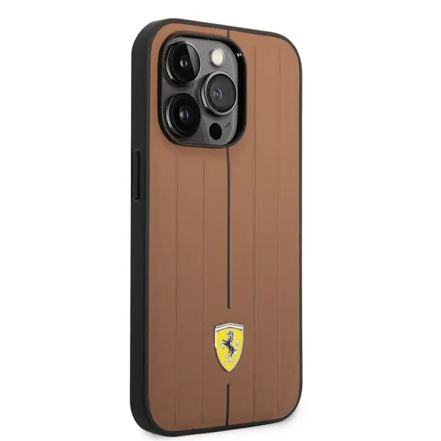 Ferrari iPhone 14 Pro Leather Case With Embossed Stripes & Yellow Shield Logo - Camel Accessories > Mobiles & Tablets >