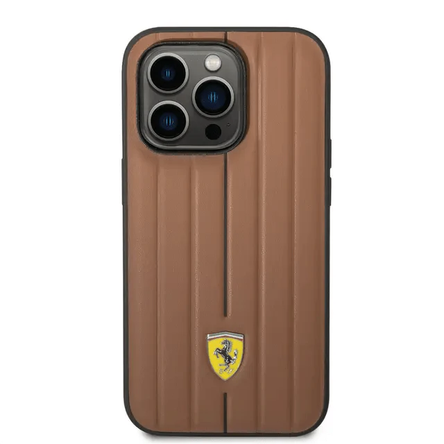 Ferrari iPhone 14 Pro Max Leather Case With Embossed Stripes & Yellow Shield Logo - Camel Accessories > Mobiles &