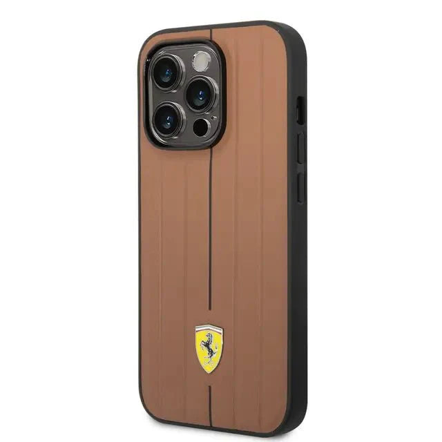 Ferrari iPhone 14 Pro Max Leather Case With Embossed Stripes & Yellow Shield Logo - Camel Accessories > Mobiles &