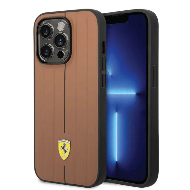 Ferrari iPhone 14 Pro Max Leather Case With Embossed Stripes & Yellow Shield Logo - Camel Accessories > Mobiles &