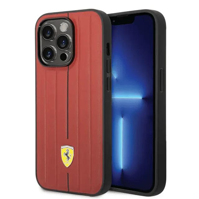 Ferrari iPhone 14 Pro Leather Case With Embossed Stripes & Yellow Shield Logo - Red Accessories > Mobiles & Tablets >