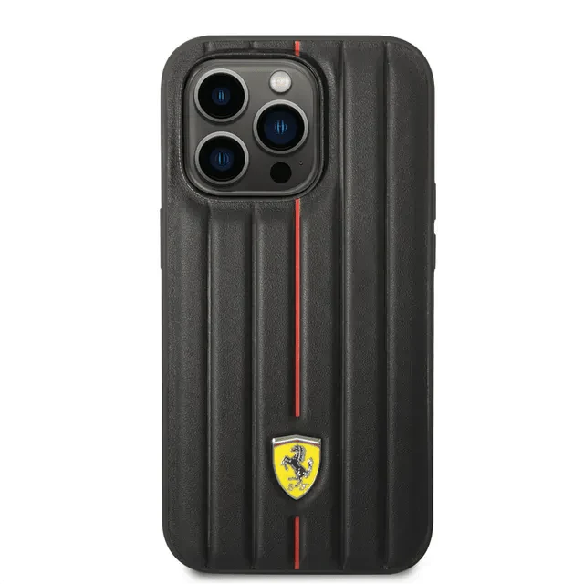 Ferrari iPhone 14 Pro Leather Case With Embossed Stripes & Yellow Shield Logo - Black Accessories > Mobiles & Tablets >