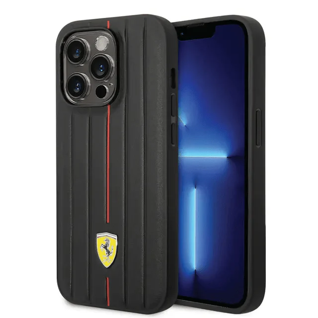 Ferrari iPhone 14 Pro Leather Case With Embossed Stripes & Yellow Shield Logo - Black Accessories > Mobiles & Tablets >
