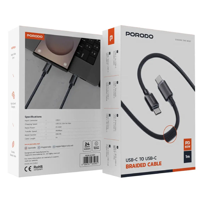 Porodo Braided Cable - USB-C / 60W / 480Mbps / 1 Meter / Black