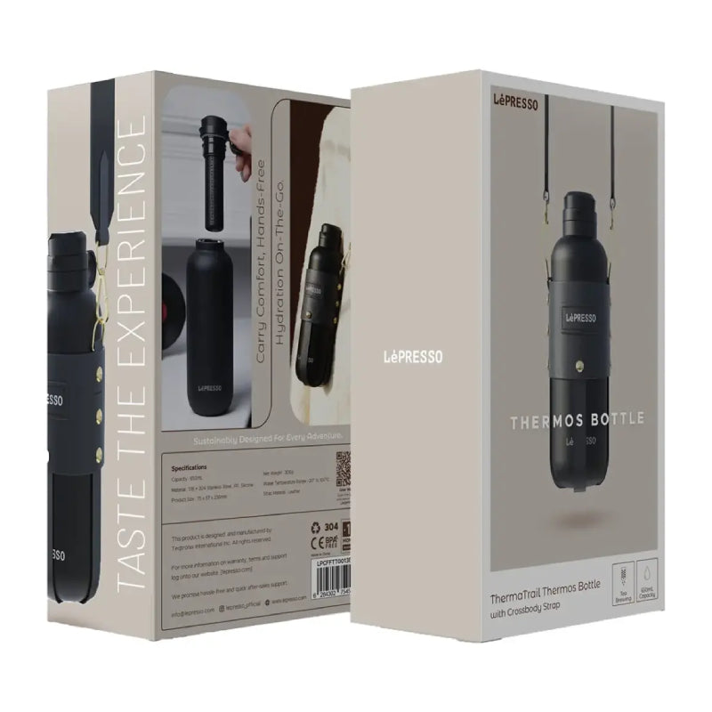 LePresso ThermaTrail Thermos Bottle with Crossbody Strap - Black