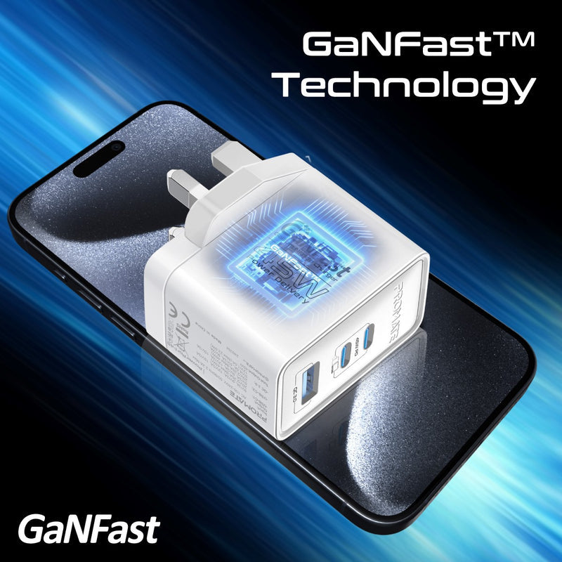 PROMATE PowerPort-45 Power Delivery GaNFast Charger - 45W / USB-C / USB-A / White