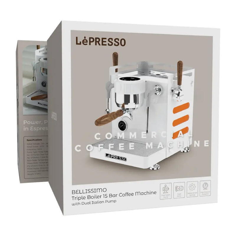 LePresso Commercial Bellissimo Triple Boiler 15 Bar Coffee Machine with Dual Italian Pump - White
