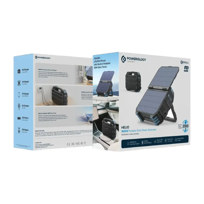 Powerology Helio Portable Solar Generator - 1600W / USB-C / USB-A / Black
