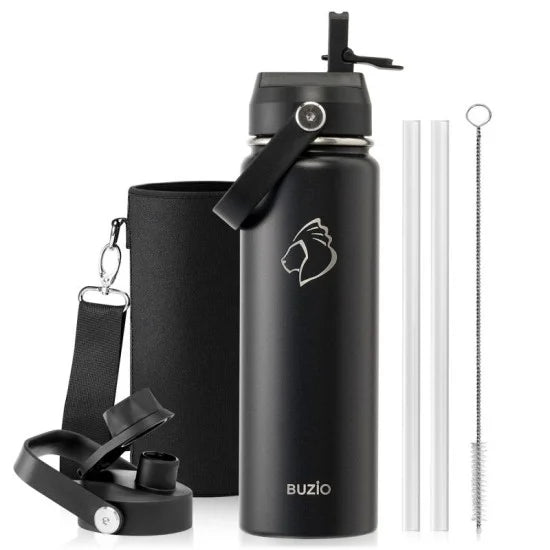 Buzio Duet Series Water Bottle with 2 Lids and Sleeve 650ML - Black