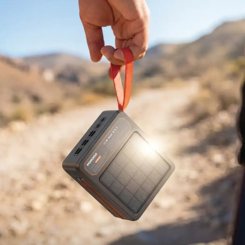 Porodo Larousse Solar Power Bank with LED Light and Built-in Cables - 120000mAh / 22.5W / USB-A / USB-C / Black