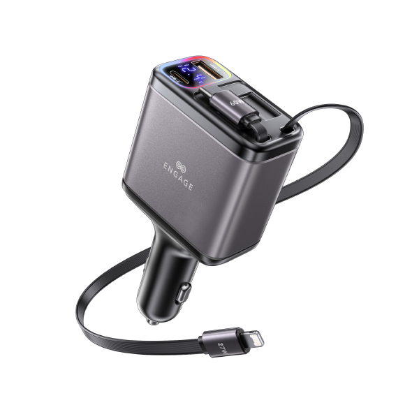 Engage 120W 4In1 Car Charger W/Retractable Cables (Usb-C/Lightning) & Usb Ports