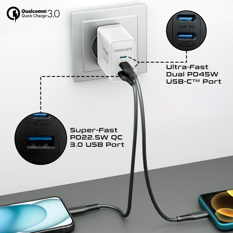 PROMATE PowerPort-45 Power Delivery GaNFast Charger - 45W / USB-C / USB-A / White