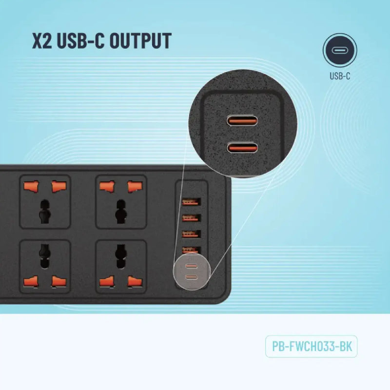 Porodo Blue 6 AC Dual Switch Power Strip  - UK 3-Pin Plug / USB-C / USB-A / Black