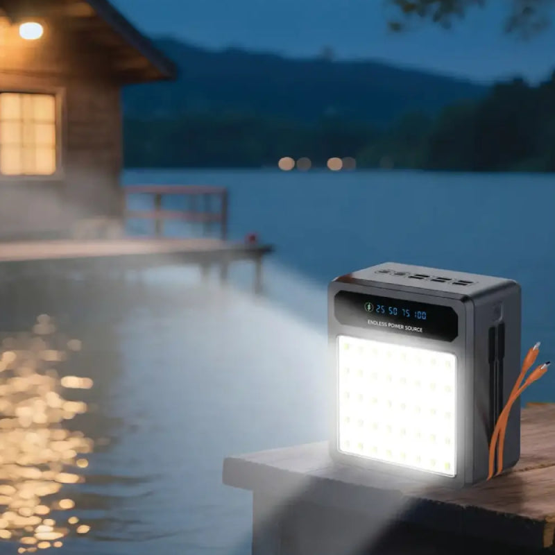 Porodo Larousse Solar Power Bank with LED Light and Built-in Cables - 120000mAh / 22.5W / USB-A / USB-C / Black