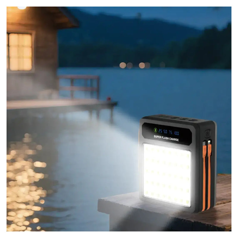Porodo Larousse Solar Power Bank with LED Light and Built-in Cables - 80,000mAh / 22.5W / USB-A / USB-C / Black