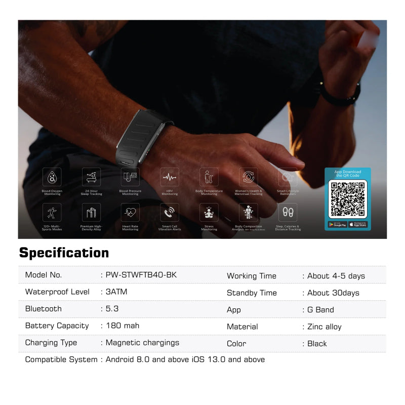 Pawa Riva Screenless Band With ECG Function - Bluetooth / 180mAh / Black