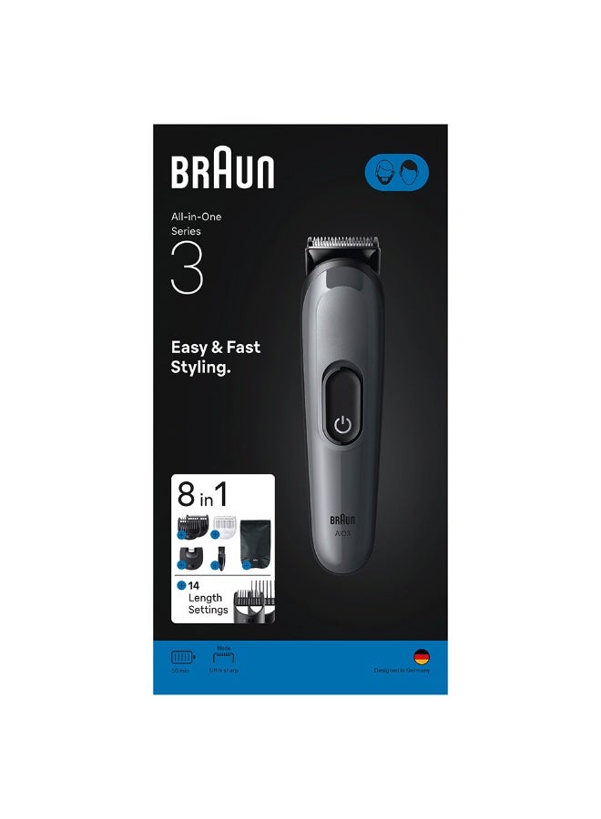 Braun All-in-One Series 3, 8in1 Grooming Kit, Ultra Sharp Blade, 14 Lengths, AIO3540 Metallic Black