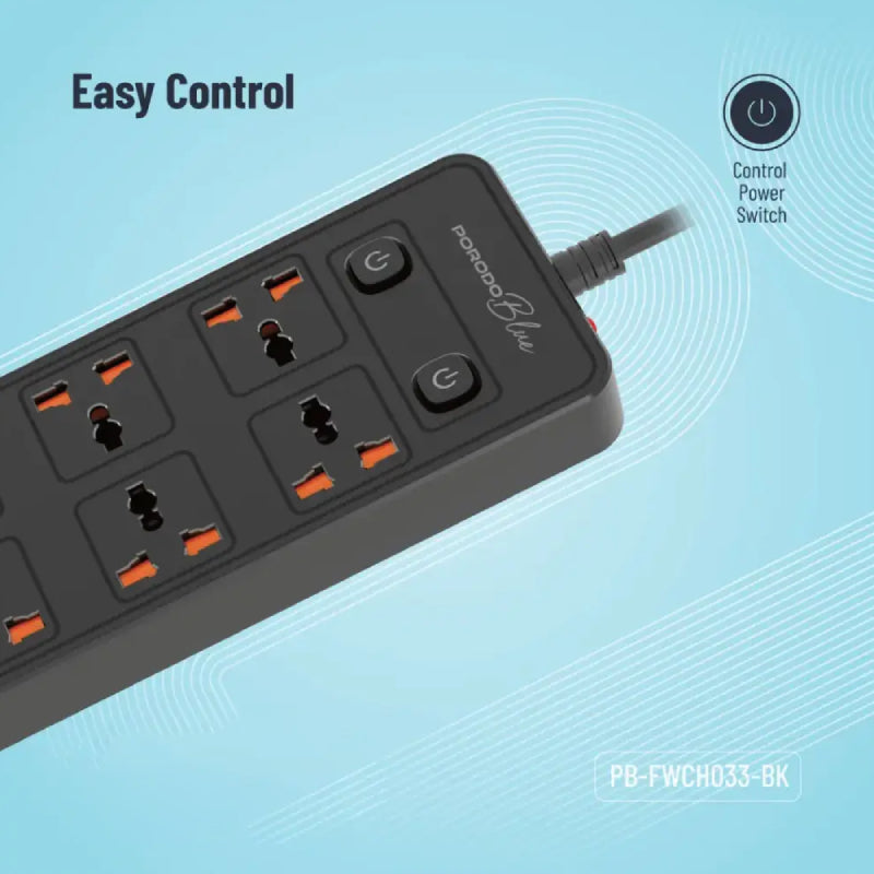 Porodo Blue 6 AC Dual Switch Power Strip  - UK 3-Pin Plug / USB-C / USB-A / Black
