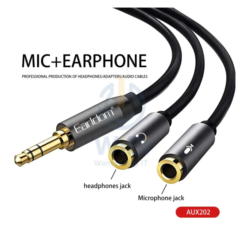Earldom AUX202 Mic with Earphone Splitter Cable - Black Accessories > Cables & Converters