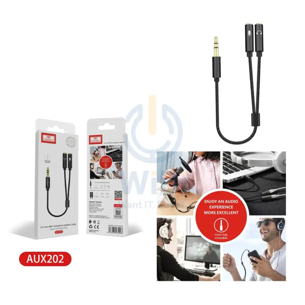 Earldom AUX202 Mic with Earphone Splitter Cable - Black Accessories > Cables & Converters