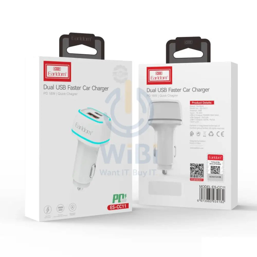Earldom ES-CC11 Car Charger With USB-C Cable - 18W / USB-A / USB-C / White Accessories > Mobiles & Tablets > Mobiles >