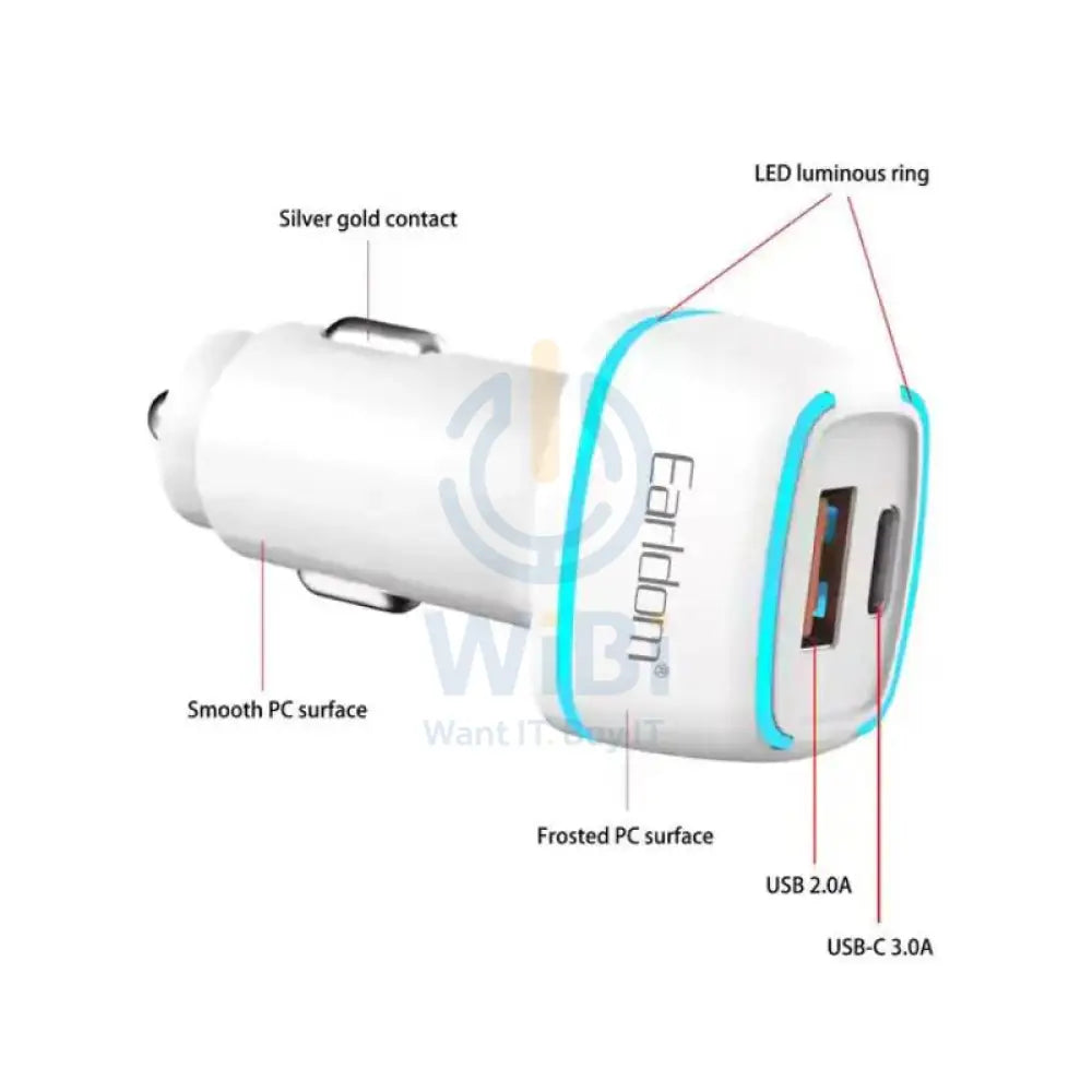 Earldom ES-CC11 Car Charger With USB-C Cable - 18W / USB-A / USB-C / White Accessories > Mobiles & Tablets > Mobiles >