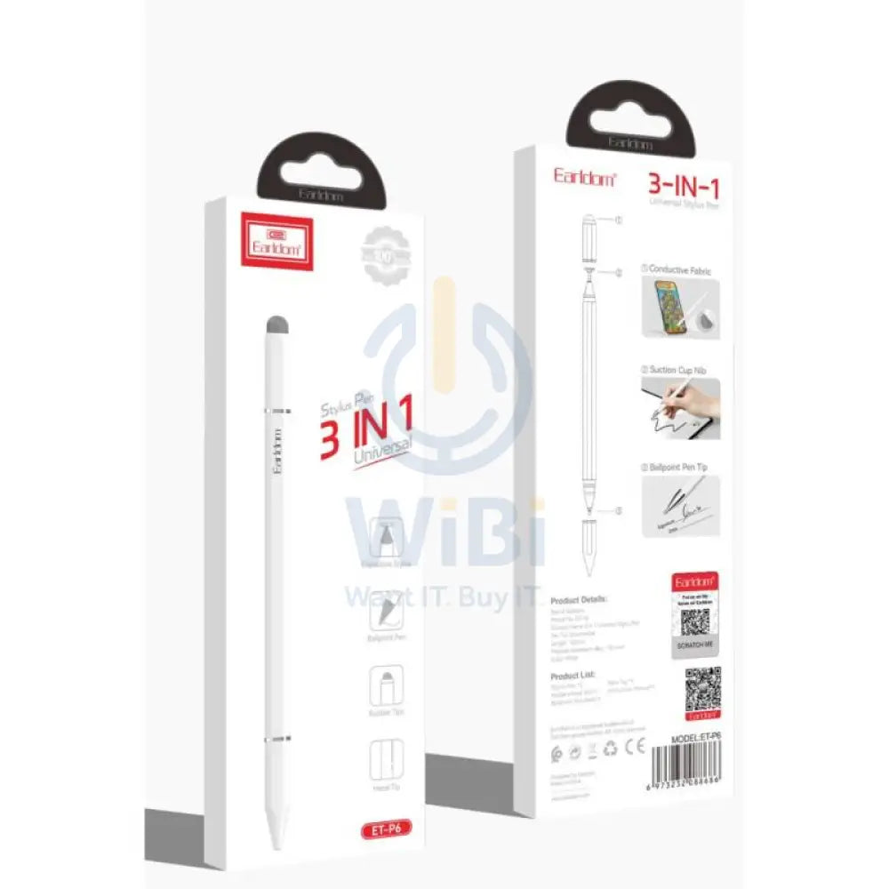 Earldom ET-P6 3-in-1 Universal Stylus Pen - White Accessories > Mobiles & Tablets > Tablets > Stylus & Pencil