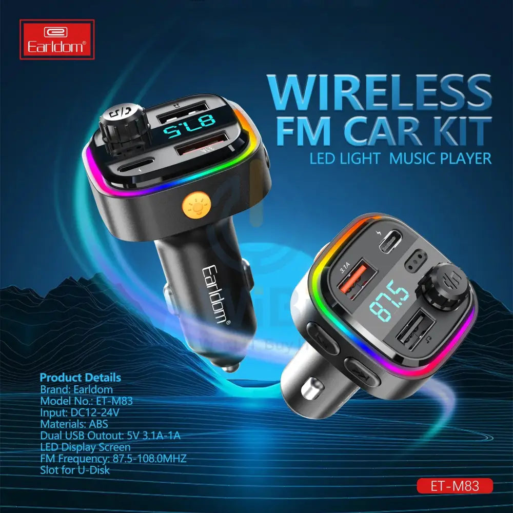 Earldom FM Bluetooth Transmitter With Fast Car Charger LED with Music Player – Black Accessories > Power Adapters