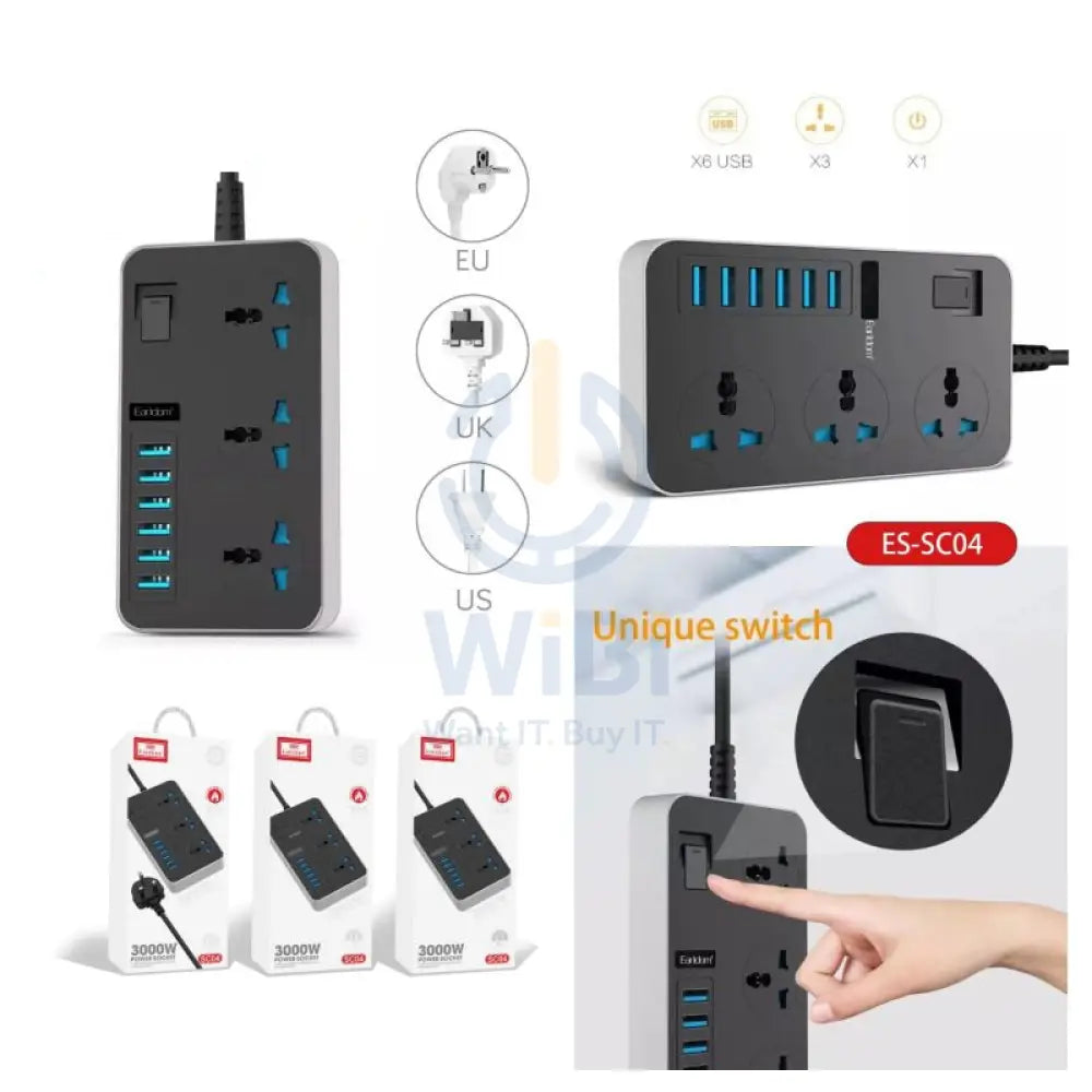Earldom SC04 Power Strip Extension - 3 Way / USB / Black Accessories > Power > Power Protection > Surge Protector