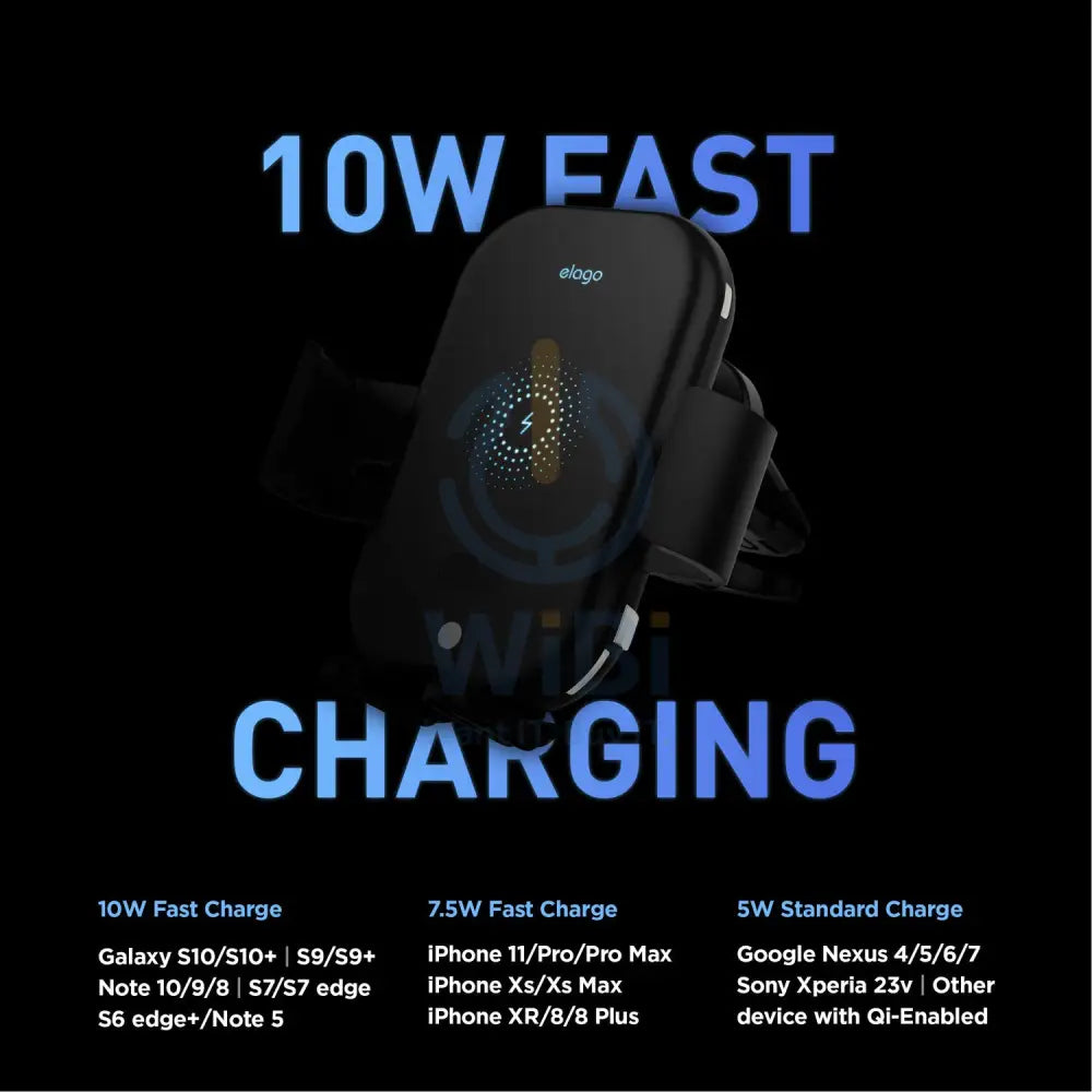 Elago Wireless Car Fast Charger with Auto-Clamping Car Mount (Included: Car Automatic Charger Dashboard Mount Air Vent