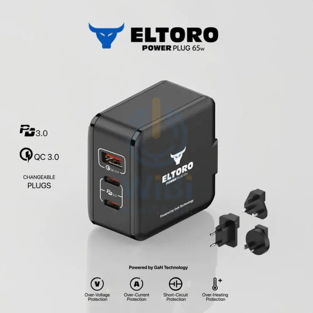 Eltoro Power Plug Home Charger with Travel Plug - 65W / GaN Tech / PD3.0 & QC3.0 / Black Accessories > Power Adapters