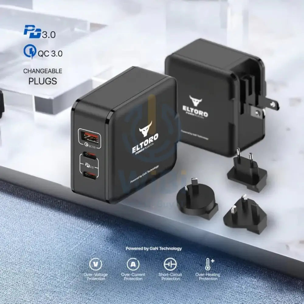 Eltoro Power Plug Home Charger with Travel Plug - 65W / GaN Tech / PD3.0 & QC3.0 / Black Accessories > Power Adapters