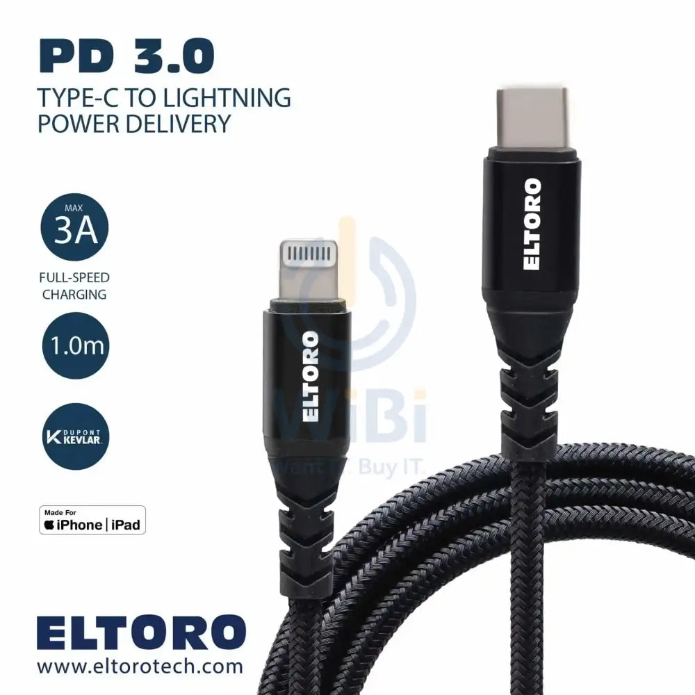 Eltoro USB-C TO Lightning KEVLAR Cable 1m - Black Nylon Accessories > Mobiles & Tablets > Tablets