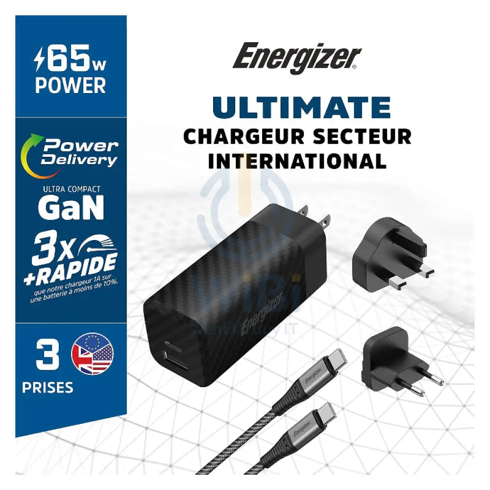 Energizer Ultimate Wall Charger with Universal Plug with Type-C Cable - 65W / Type-C / USB-A / Black Accessories >