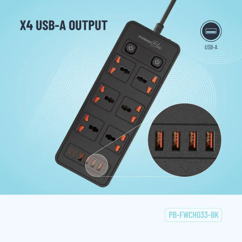 Porodo Blue 6 AC Dual Switch Power Strip  - UK 3-Pin Plug / USB-C / USB-A / Black